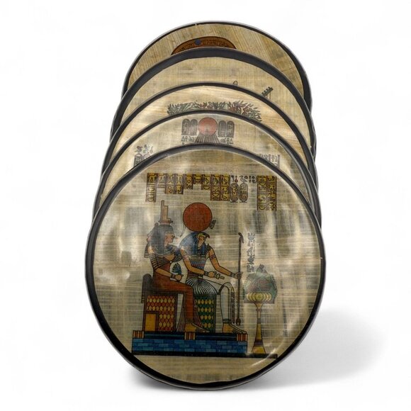Set Of 5 Egyptian Papyrus-Themed Coasters With Velvet Backing - Picture 1 of 6
